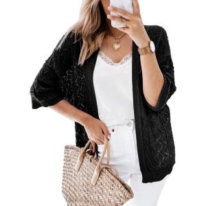 imageSHEWIN Cardigan Sweaters for Women Lightweight 34 Sleeve Cover Up Open Front Summer Cropped Crochet Cardigans SweaterB Black