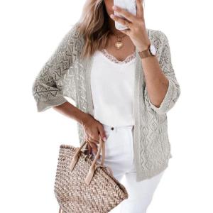imageSHEWIN Cardigan Sweaters for Women Lightweight 34 Sleeve Cover Up Open Front Summer Cropped Crochet Cardigans SweaterB Light Grey
