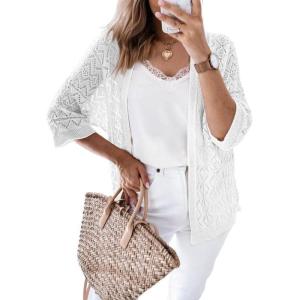 imageSHEWIN Cardigan Sweaters for Women Lightweight 34 Sleeve Cover Up Open Front Summer Cropped Crochet Cardigans SweaterB White