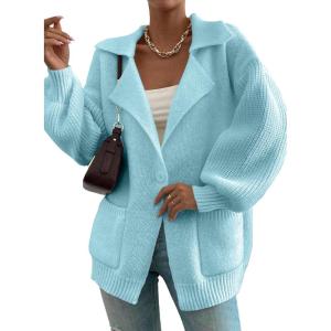 imageSHEWIN Women Open Front Knit Sweater Button Casual Long Sleeve V Neck CardiganBeau Blue