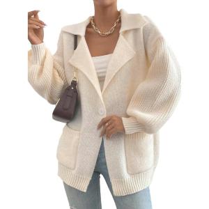imageSHEWIN Women Open Front Knit Sweater Button Casual Long Sleeve V Neck CardiganBeige