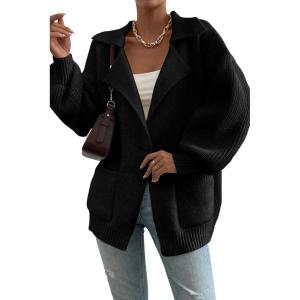 imageSHEWIN Women Open Front Knit Sweater Button Casual Long Sleeve V Neck CardiganBlack
