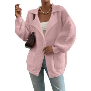 imageSHEWIN Women Open Front Knit Sweater Button Casual Long Sleeve V Neck CardiganPink