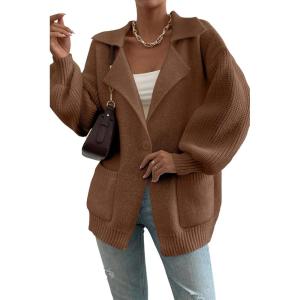 imageSHEWIN Women Open Front Knit Sweater Button Casual Long Sleeve V Neck CardiganStraw Yellow