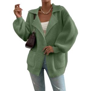 imageSHEWIN Women Open Front Knit Sweater Button Casual Long Sleeve V Neck CardiganVineyard Green