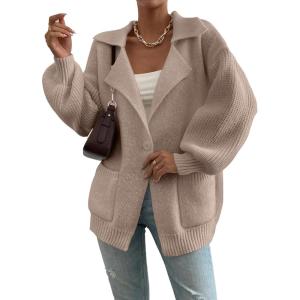 imageSHEWIN Women Open Front Knit Sweater Button Casual Long Sleeve V Neck CardiganZ Parchment