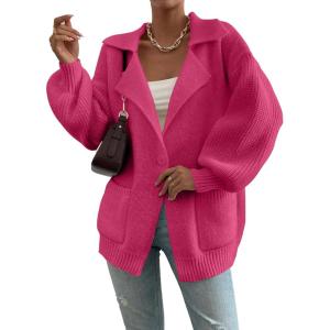 imageSHEWIN Women Open Front Knit Sweater Button Casual Long Sleeve V Neck CardiganZ Rose Red