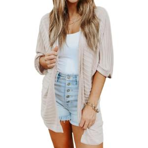 imageSHEWIN Womens Casual 34 Short Sleeve Open Front Lightweight Cable Knit Kimono Cardigan SweatersC Beige