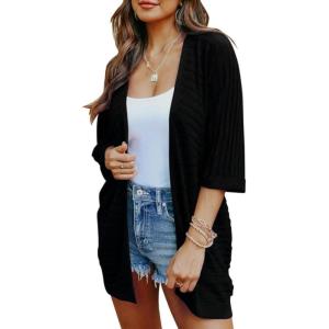 imageSHEWIN Womens Casual 34 Short Sleeve Open Front Lightweight Cable Knit Kimono Cardigan SweatersC Black