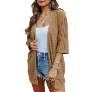 imageSHEWIN Womens Casual 34 Short Sleeve Open Front Lightweight Cable Knit Kimono Cardigan SweatersC Brown