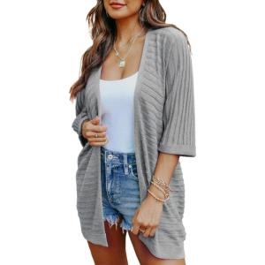 imageSHEWIN Womens Casual 34 Short Sleeve Open Front Lightweight Cable Knit Kimono Cardigan SweatersC Grey