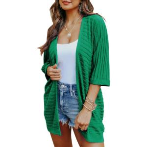 imageSHEWIN Womens Casual 34 Short Sleeve Open Front Lightweight Cable Knit Kimono Cardigan SweatersD Green