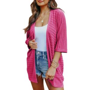 imageSHEWIN Womens Casual 34 Short Sleeve Open Front Lightweight Cable Knit Kimono Cardigan SweatersD Hot Pink
