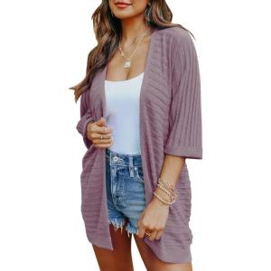 imageSHEWIN Womens Casual 34 Short Sleeve Open Front Lightweight Cable Knit Kimono Cardigan SweatersD Purple