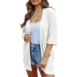 imageSHEWIN Womens Casual 34 Short Sleeve Open Front Lightweight Cable Knit Kimono Cardigan SweatersD White