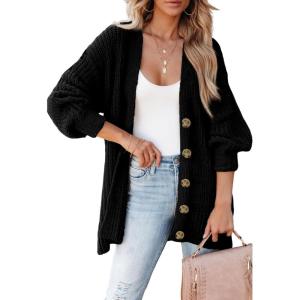 imageSHEWIN Womens Casual Long Sleeve Button Open Front Lightweight Cardigan Soft Cable Knit Sweater OutwearB Black