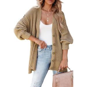 imageSHEWIN Womens Casual Long Sleeve Button Open Front Lightweight Cardigan Soft Cable Knit Sweater OutwearB Khaki