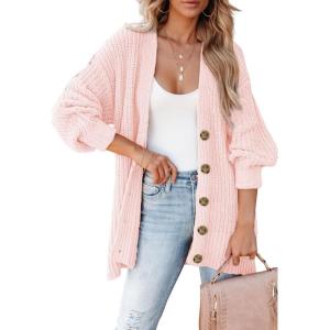 imageSHEWIN Womens Casual Long Sleeve Button Open Front Lightweight Cardigan Soft Cable Knit Sweater OutwearB Pink