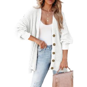 imageSHEWIN Womens Casual Long Sleeve Button Open Front Lightweight Cardigan Soft Cable Knit Sweater OutwearB White