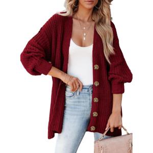 imageSHEWIN Womens Casual Long Sleeve Button Open Front Lightweight Cardigan Soft Cable Knit Sweater OutwearBiking Red