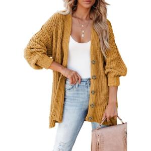 imageSHEWIN Womens Casual Long Sleeve Button Open Front Lightweight Cardigan Soft Cable Knit Sweater OutwearCamel