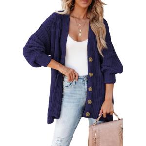 imageSHEWIN Womens Casual Long Sleeve Button Open Front Lightweight Cardigan Soft Cable Knit Sweater OutwearNavy Blue