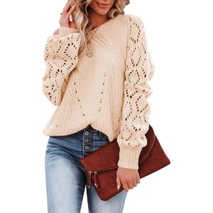 imageSHEWIN Womens Casual Long Sleeve Crewneck Crochet Sweater Lightweight Knit Pullover Sweaters TopsA Apricot