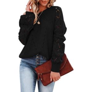 imageSHEWIN Womens Casual Long Sleeve Crewneck Crochet Sweater Lightweight Knit Pullover Sweaters TopsB Black