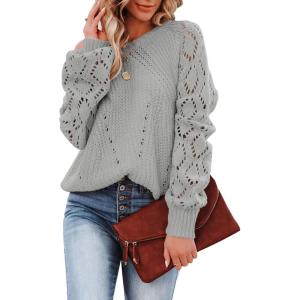 imageSHEWIN Womens Casual Long Sleeve Crewneck Crochet Sweater Lightweight Knit Pullover Sweaters TopsB Grey