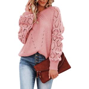 imageSHEWIN Womens Casual Long Sleeve Crewneck Crochet Sweater Lightweight Knit Pullover Sweaters TopsB Pink