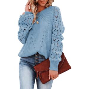 imageSHEWIN Womens Casual Long Sleeve Crewneck Crochet Sweater Lightweight Knit Pullover Sweaters TopsB Sky Blue