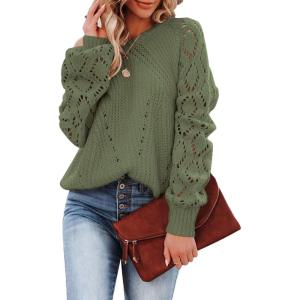 imageSHEWIN Womens Casual Long Sleeve Crewneck Crochet Sweater Lightweight Knit Pullover Sweaters TopsD Green