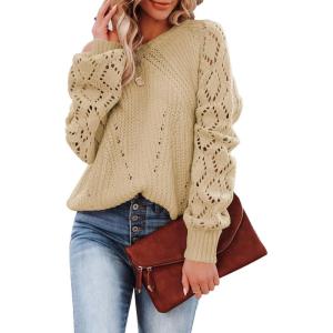 imageSHEWIN Womens Casual Long Sleeve Crewneck Crochet Sweater Lightweight Knit Pullover Sweaters TopsD Khaki