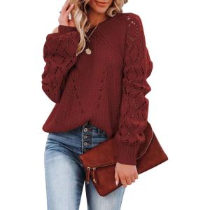 imageSHEWIN Womens Casual Long Sleeve Crewneck Crochet Sweater Lightweight Knit Pullover Sweaters TopsD Red