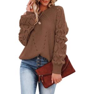 imageSHEWIN Womens Casual Long Sleeve Crewneck Crochet Sweater Lightweight Knit Pullover Sweaters TopsE Brown