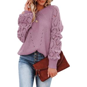 imageSHEWIN Womens Casual Long Sleeve Crewneck Crochet Sweater Lightweight Knit Pullover Sweaters TopsE Light Purple