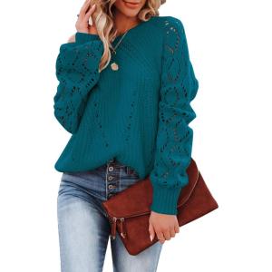 imageSHEWIN Womens Casual Long Sleeve Crewneck Crochet Sweater Lightweight Knit Pullover Sweaters TopsE Royal Blue