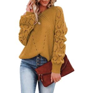 imageSHEWIN Womens Casual Long Sleeve Crewneck Crochet Sweater Lightweight Knit Pullover Sweaters TopsE Yellow