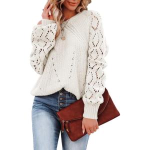 imageSHEWIN Womens Casual Long Sleeve Crewneck Crochet Sweater Lightweight Knit Pullover Sweaters TopsWhite