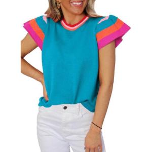 imageSHEWIN Womens Summer Cap Sleeve Tops Casual Crewneck Loose Fit Knit Lightweight Sweater Pullover TopBlue