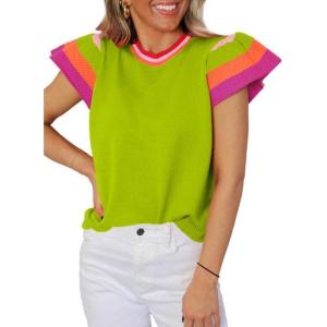 imageSHEWIN Womens Summer Cap Sleeve Tops Casual Crewneck Loose Fit Knit Lightweight Sweater Pullover TopGreen