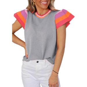 imageSHEWIN Womens Summer Cap Sleeve Tops Casual Crewneck Loose Fit Knit Lightweight Sweater Pullover TopGrey