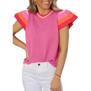 imageSHEWIN Womens Summer Cap Sleeve Tops Casual Crewneck Loose Fit Knit Lightweight Sweater Pullover TopHot Pink
