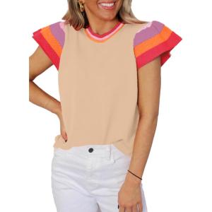 imageSHEWIN Womens Summer Cap Sleeve Tops Casual Crewneck Loose Fit Knit Lightweight Sweater Pullover TopKhaki