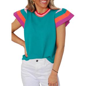 imageSHEWIN Womens Summer Cap Sleeve Tops Casual Crewneck Loose Fit Knit Lightweight Sweater Pullover TopMint Blue