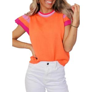 imageSHEWIN Womens Summer Cap Sleeve Tops Casual Crewneck Loose Fit Knit Lightweight Sweater Pullover TopOrange