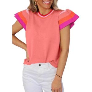imageSHEWIN Womens Summer Cap Sleeve Tops Casual Crewneck Loose Fit Knit Lightweight Sweater Pullover TopPink