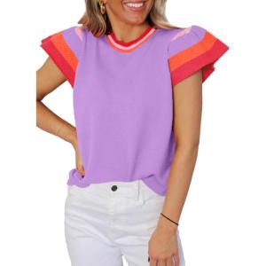 imageSHEWIN Womens Summer Cap Sleeve Tops Casual Crewneck Loose Fit Knit Lightweight Sweater Pullover TopPurple