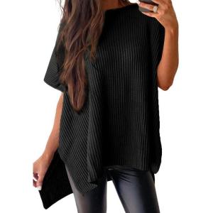 imageSHEWIN Womens Tops Casual Short Sleeve Sweater Loose Oversized Shirts Spring Tops for Women 2025B Black