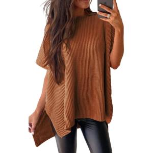 imageSHEWIN Womens Tops Casual Short Sleeve Sweater Loose Oversized Shirts Spring Tops for Women 2025B Brown